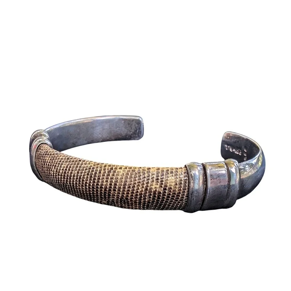 Vintage Taxco Mexico 925 Sterling Silver Snakeskin Inlay Cuff Bracelet TV-153